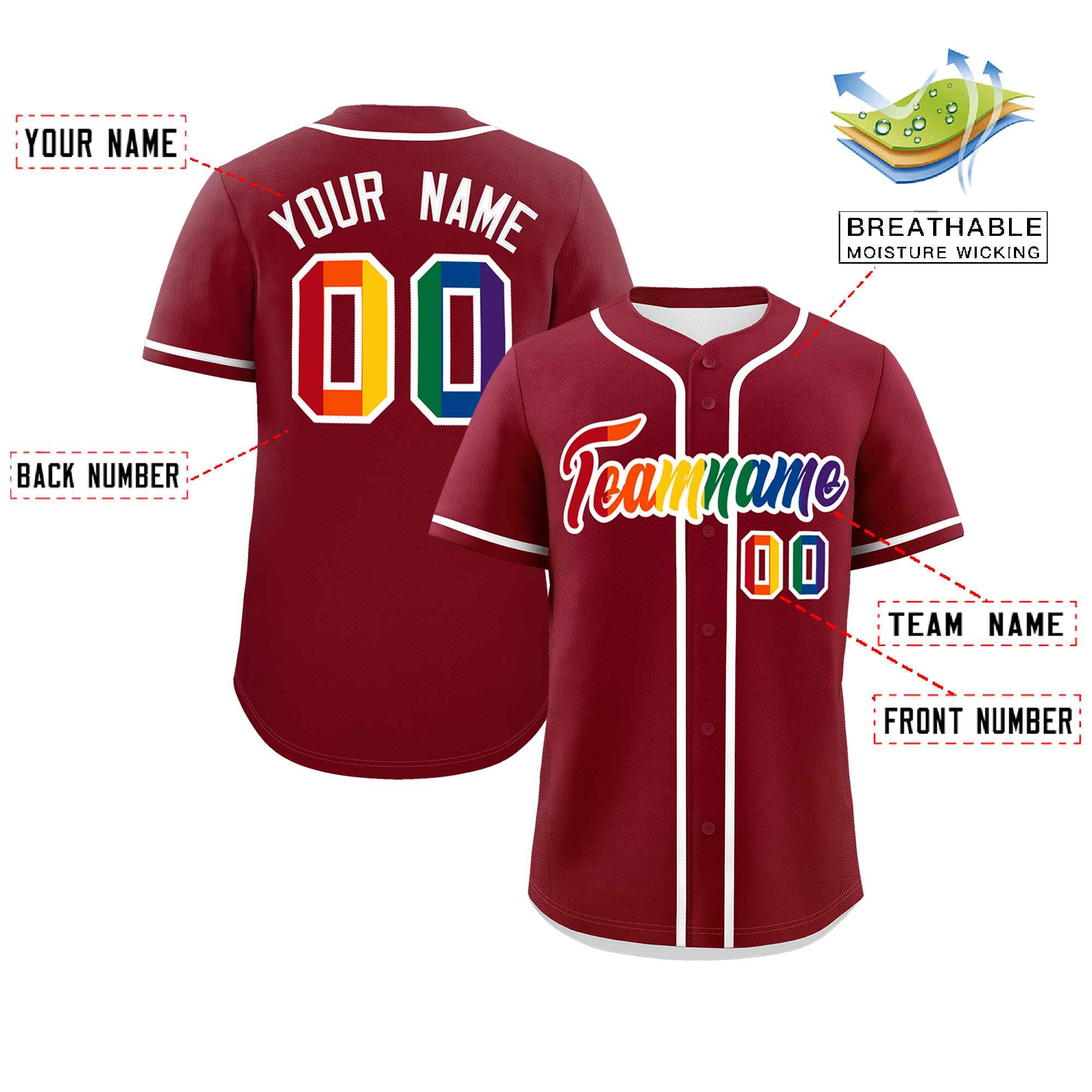 Custom Crimson LGBT Rainbow For Pride Month Classic Style Authentic Baseball Jersey