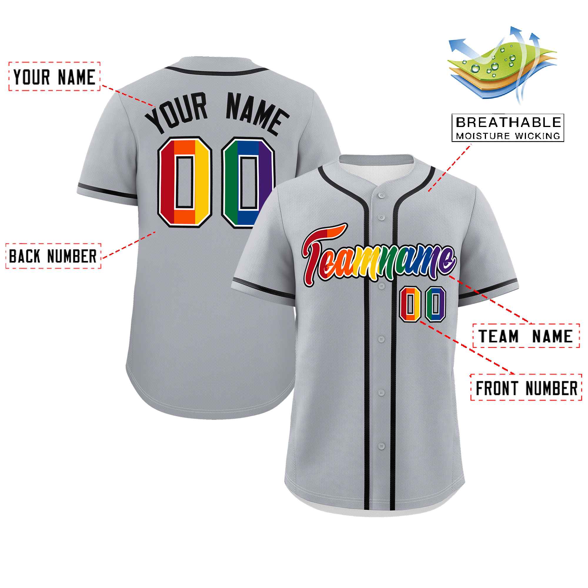 Custom Light Gray LGBT Rainbow For Pride Month Classic Style Authentic Baseball Jersey