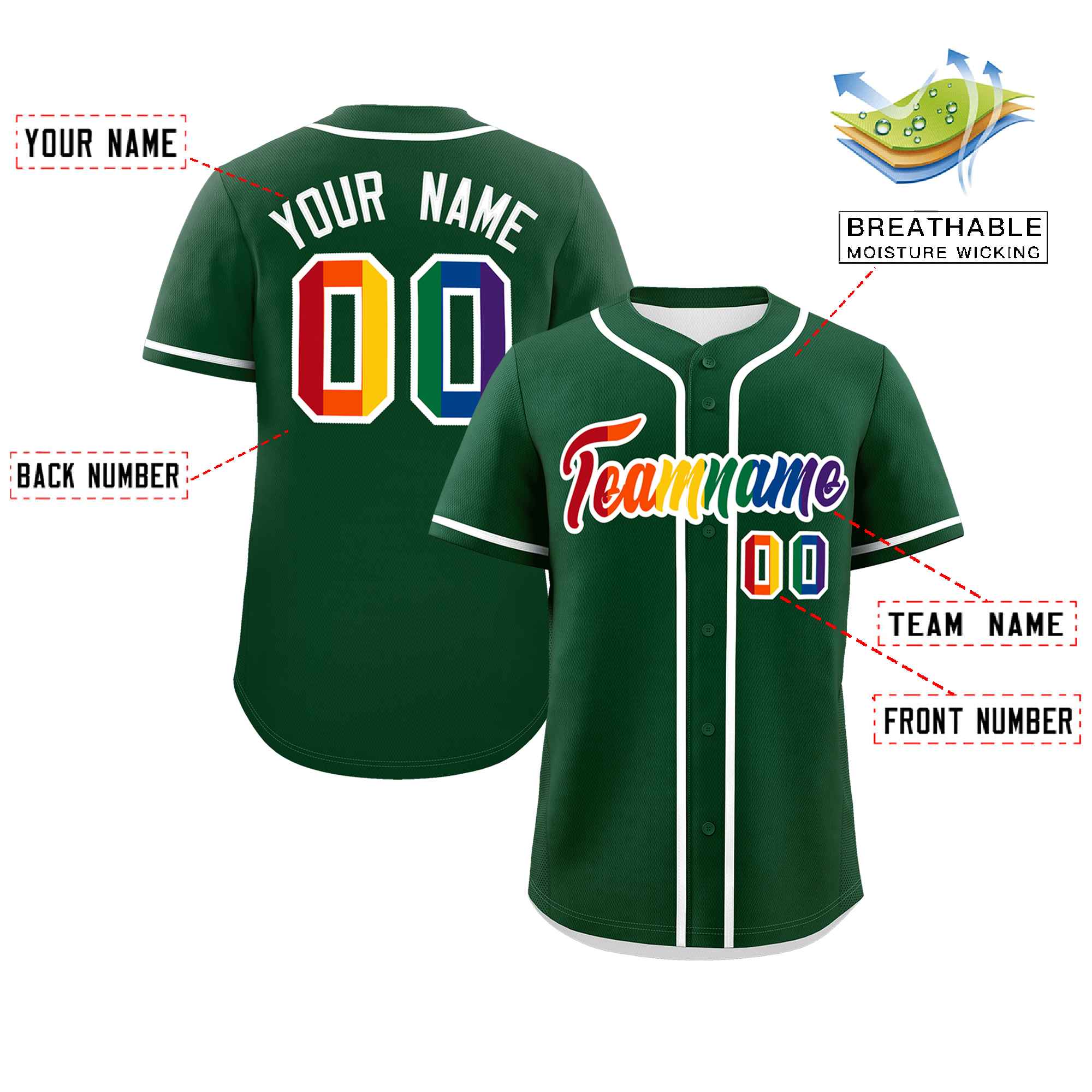 Custom Green LGBT Rainbow For Pride Month Classic Style Authentic Baseball Jersey