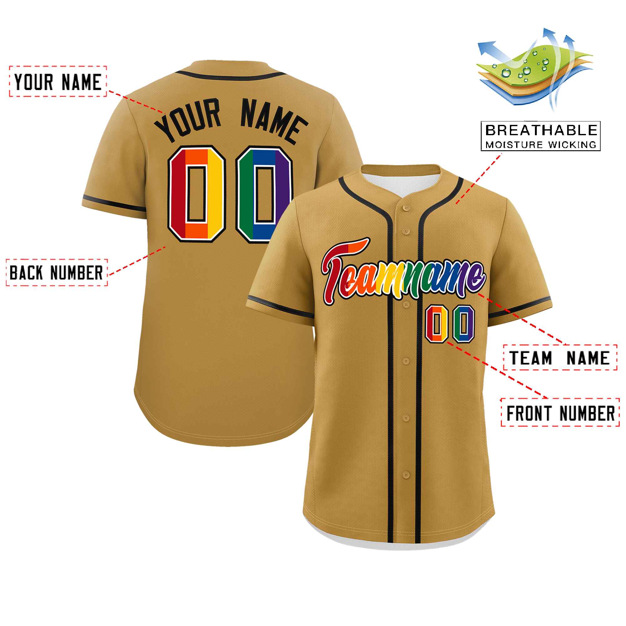 Custom Old Gold LGBT Rainbow For Pride Month Classic Style Authentic Baseball Jersey