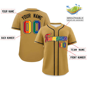 Custom Old Gold LGBT Rainbow For Pride Month Classic Style Authentic Baseball Jersey