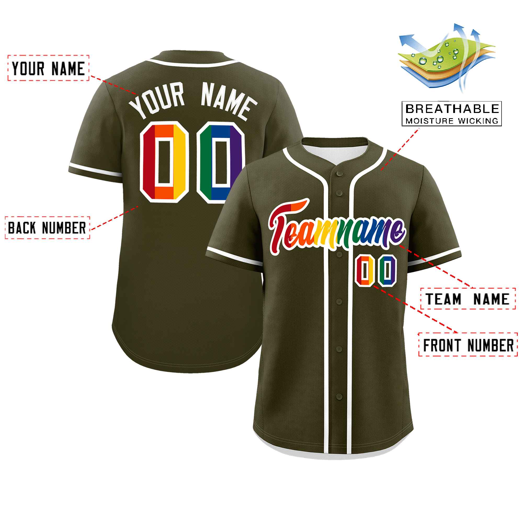 Custom Olive LGBT Rainbow For Pride Month Classic Style Authentic Baseball Jersey