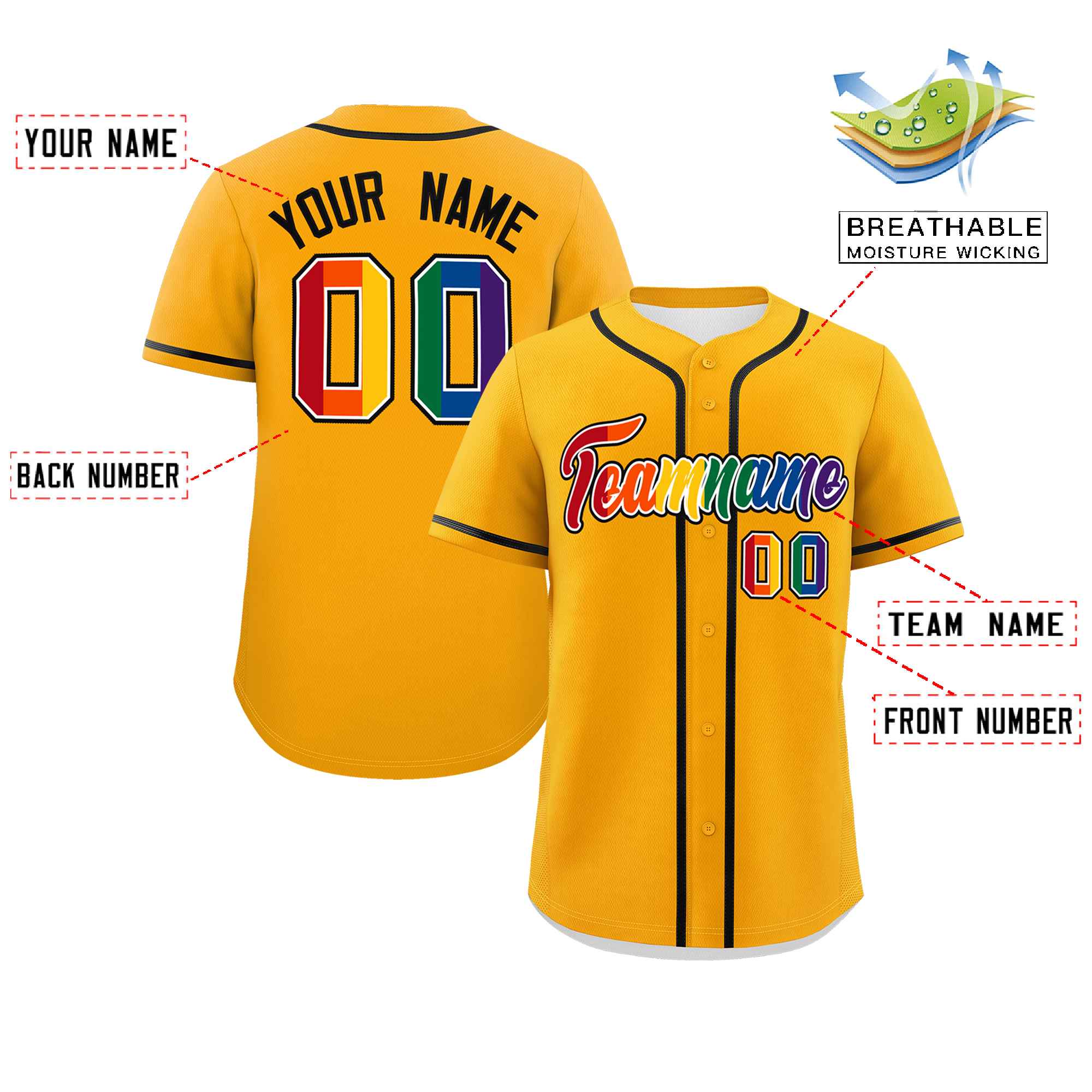 Custom Yellow LGBT Rainbow For Pride Month Classic Style Authentic Baseball Jersey