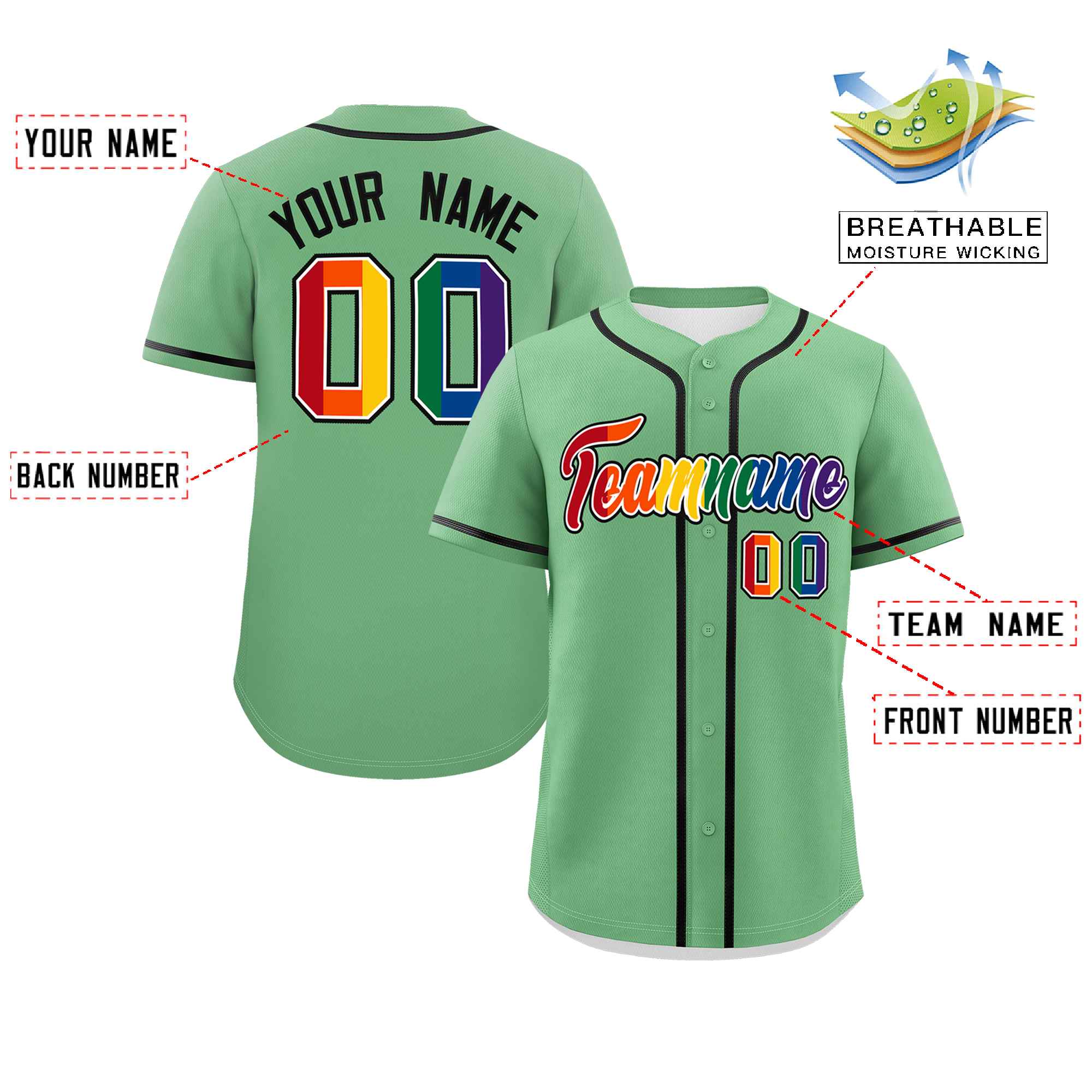 Custom Light Green LGBT Rainbow For Pride Month Classic Style Authentic Baseball Jersey