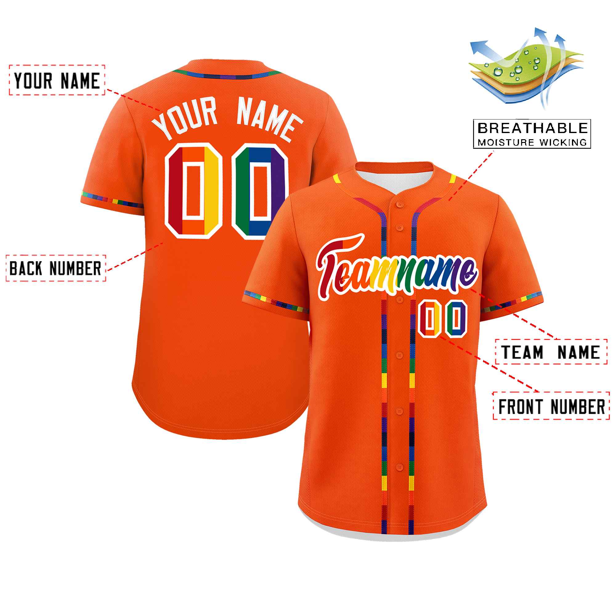 Custom Orange LGBT Rainbow For Pride Month Classic Style Authentic Baseball Jersey