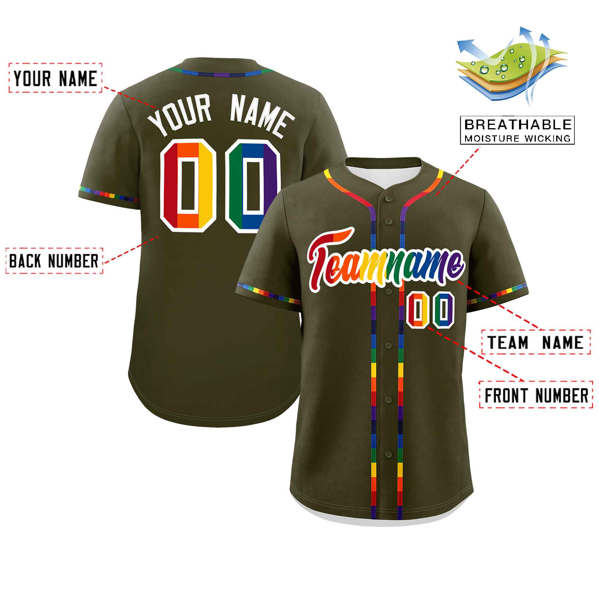 Custom Olive LGBT Rainbow For Pride Month Classic Style Authentic Baseball Jersey