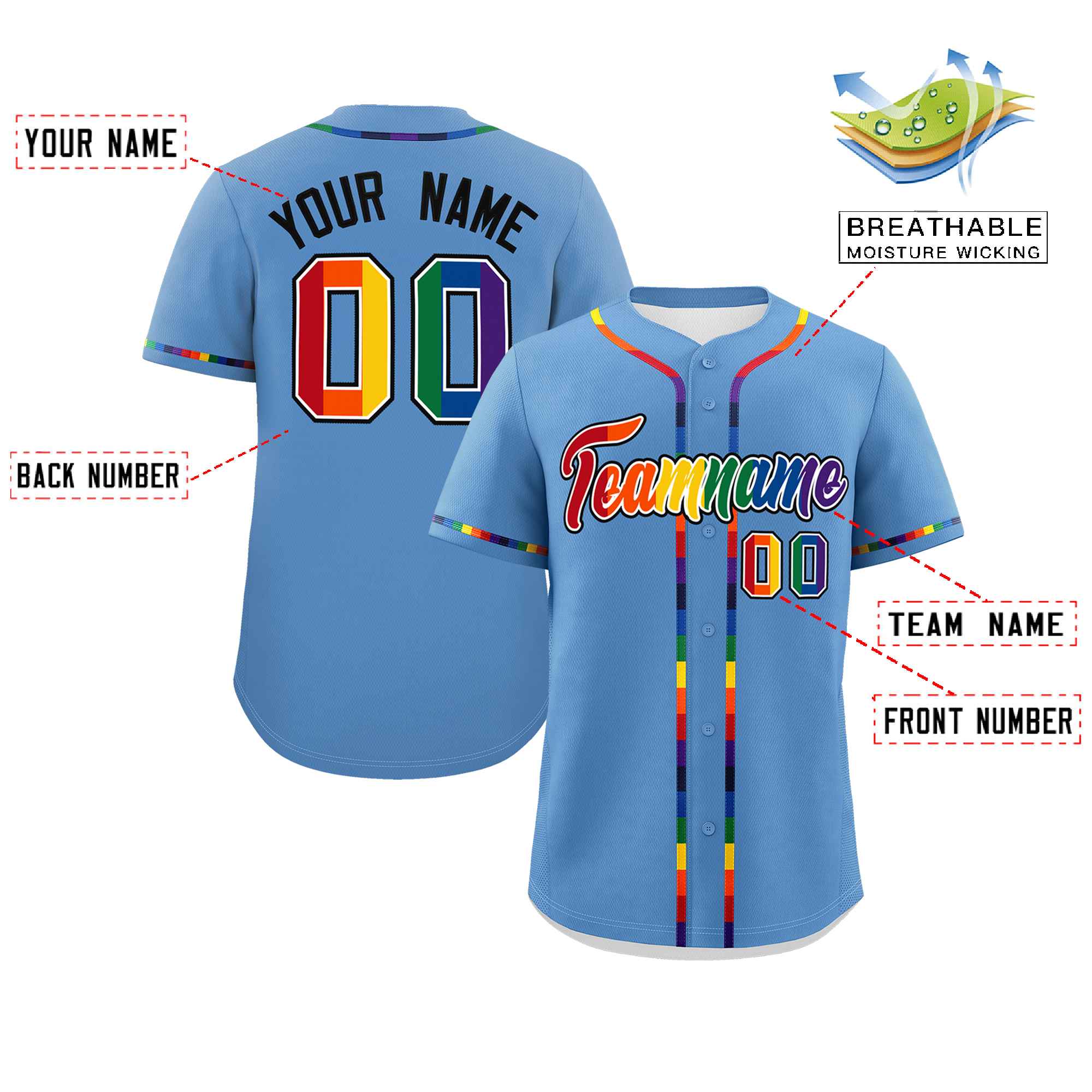 Custom Light Blue LGBT Rainbow For Pride Month Classic Style Authentic Baseball Jersey