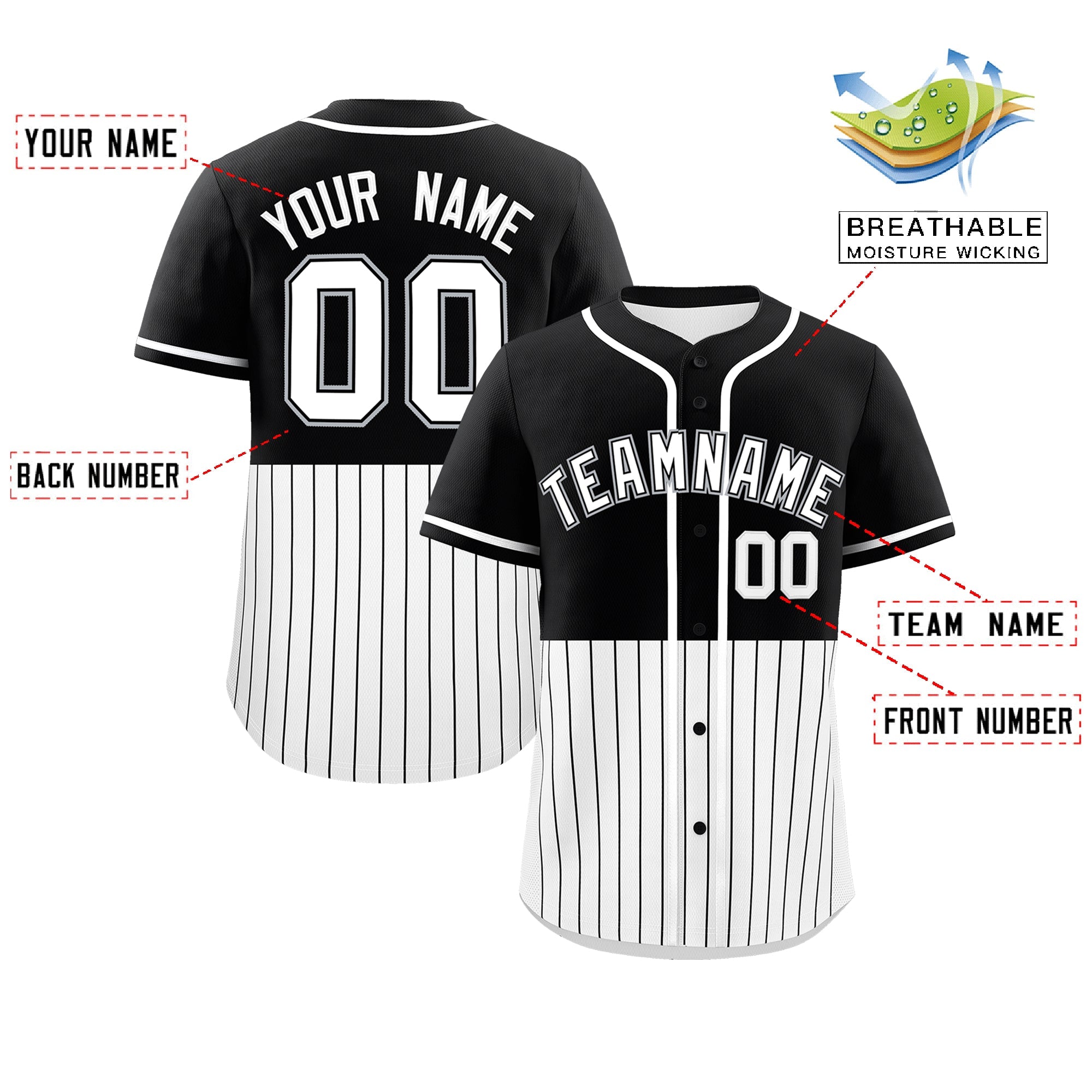 Custom Black White Personalized Half Stripe Design Authentic Baseball Jersey