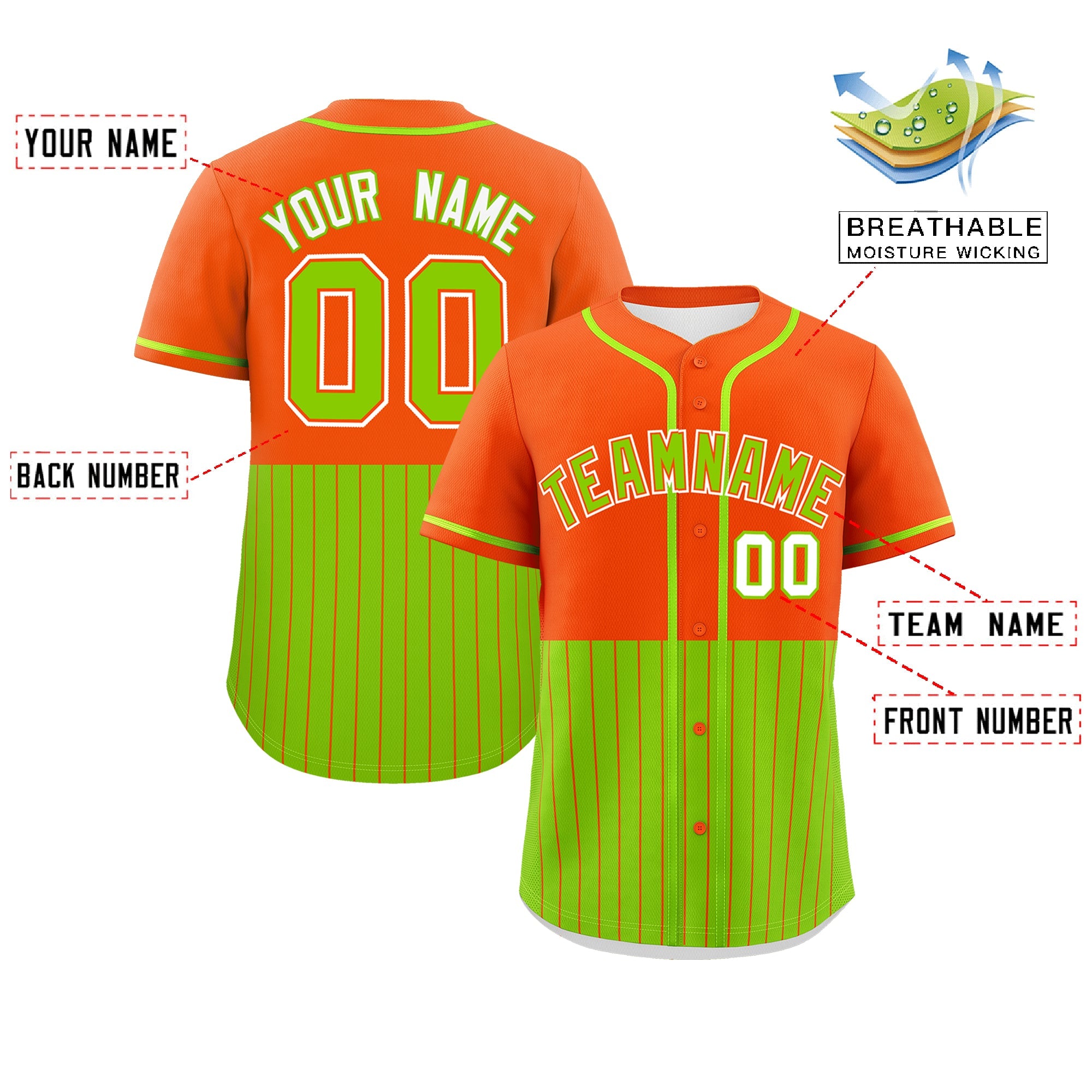 Custom Orange Neon Green Personalized Half Stripe Design Authentic Baseball Jersey