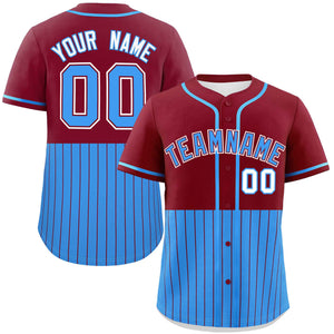 Custom Crimson Powder Blue Personalized Half Stripe Design Authentic Baseball Jersey