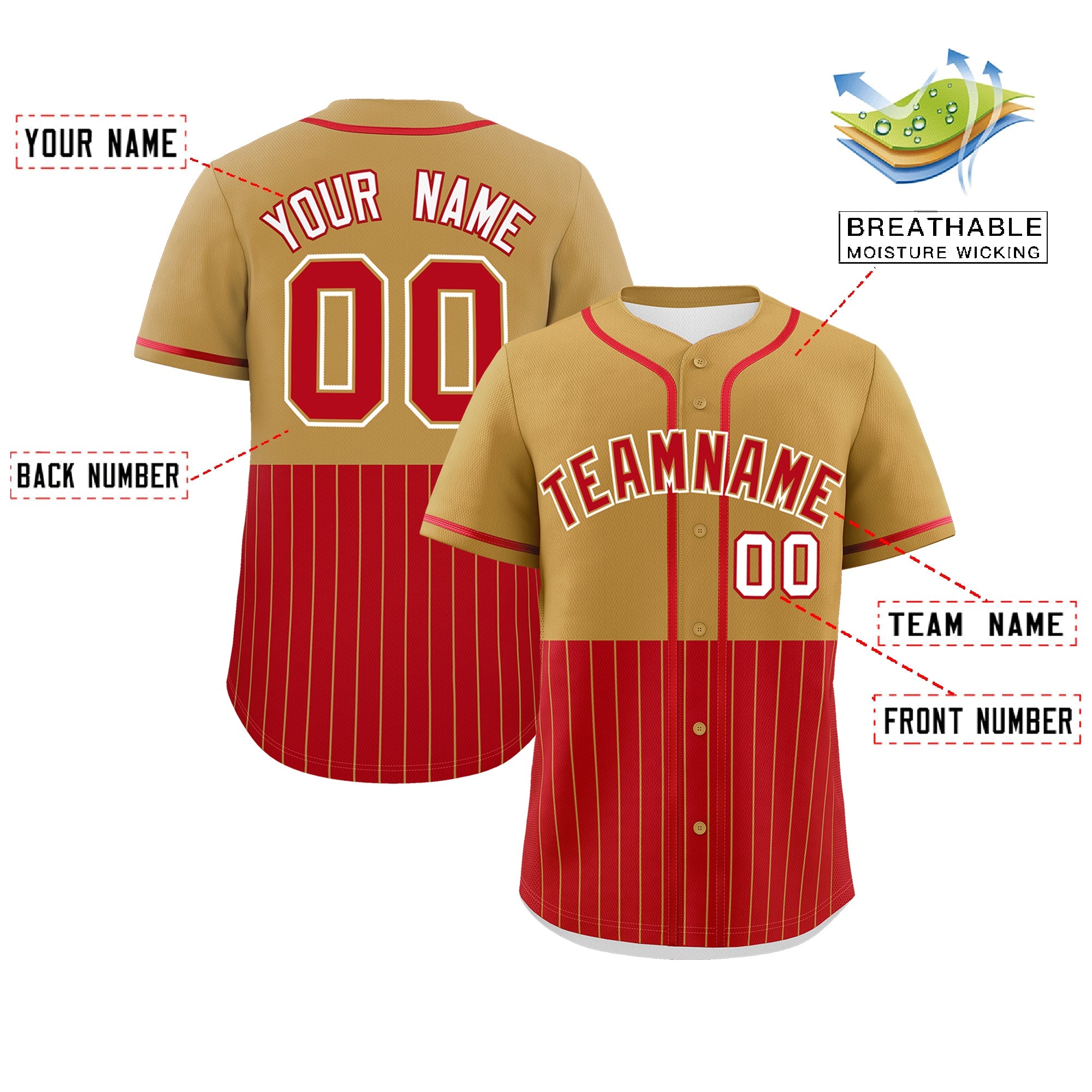 Custom Old Gold Red Personalized Half Stripe Design Authentic Baseball Jersey