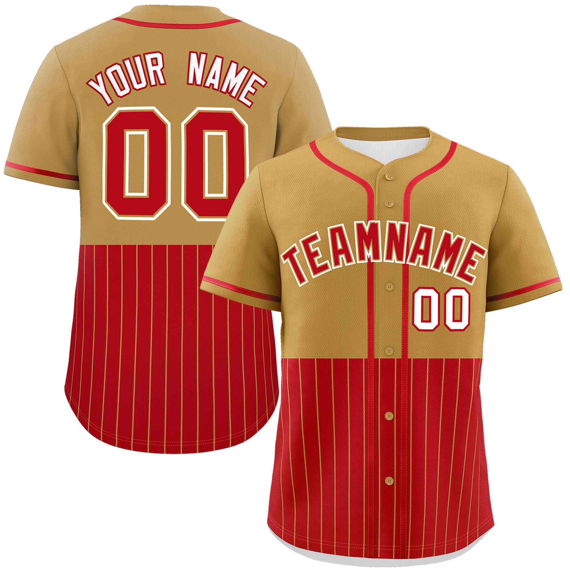 Custom Old Gold Red Personalized Half Stripe Design Authentic Baseball Jersey