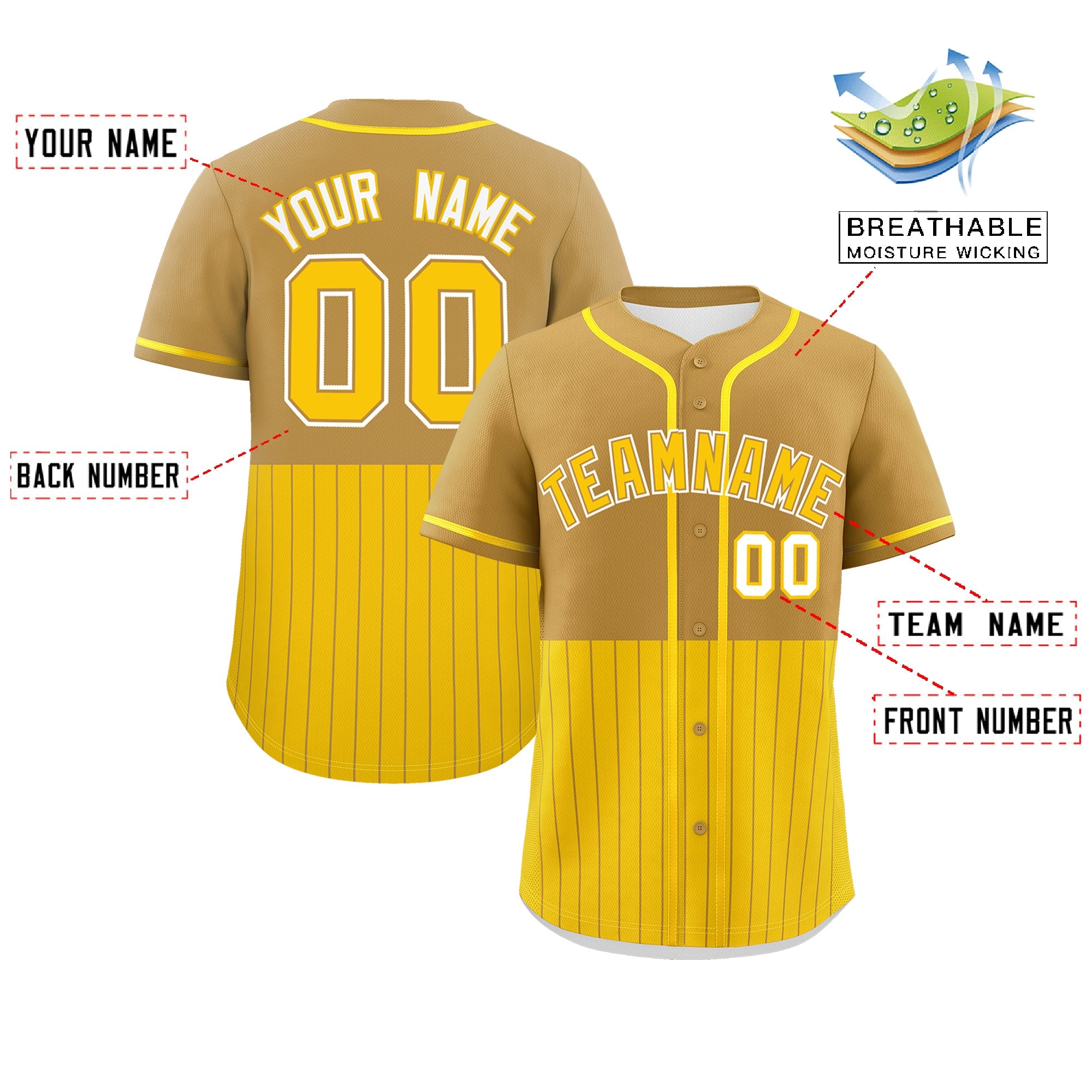 Custom Old Gold Gold Personalized Half Stripe Design Authentic Baseball Jersey