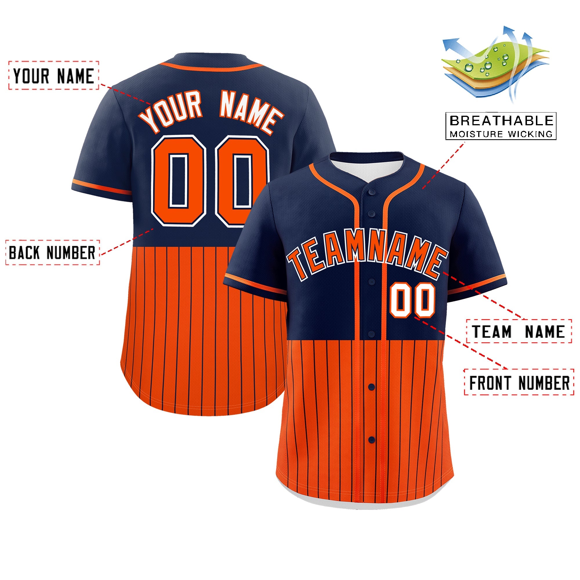 Custom Navy Orange Personalized Half Stripe Design Authentic Baseball Jersey