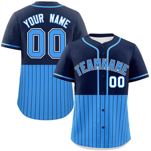 Custom Navy Powder Blue Personalized Half Stripe Design Authentic Baseball Jersey