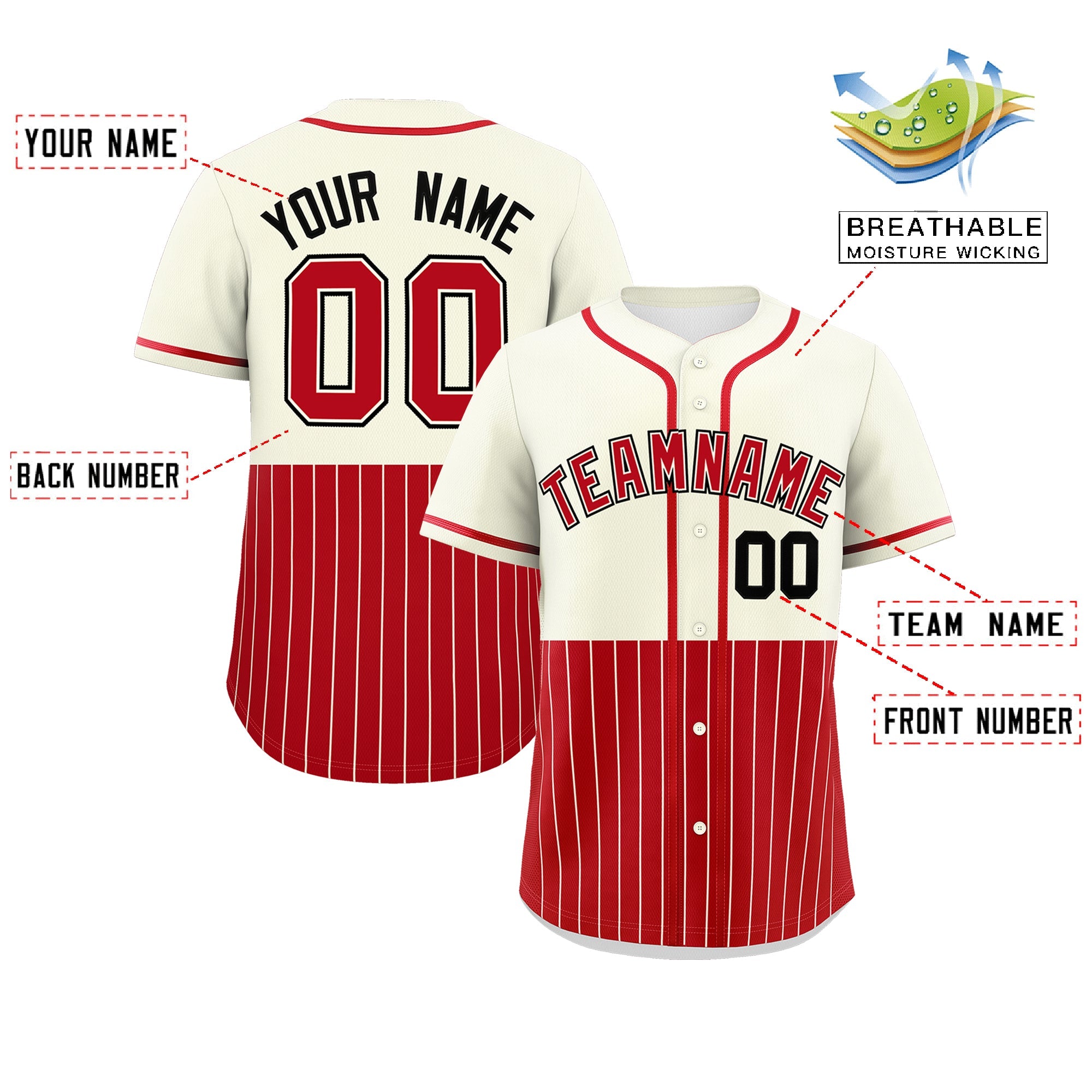 Custom Cream Red Personalized Half Stripe Design Authentic Baseball Jersey