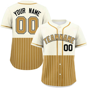 Custom Cream Old Gold Personalized Half Stripe Design Authentic Baseball Jersey