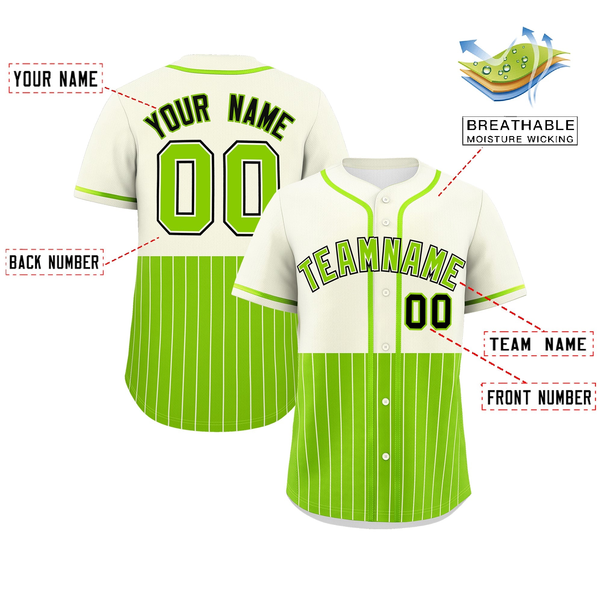 Custom Cream Neon Green Personalized Half Stripe Design Authentic Baseball Jersey