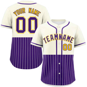 Custom Cream Purple Personalized Half Stripe Design Authentic Baseball Jersey