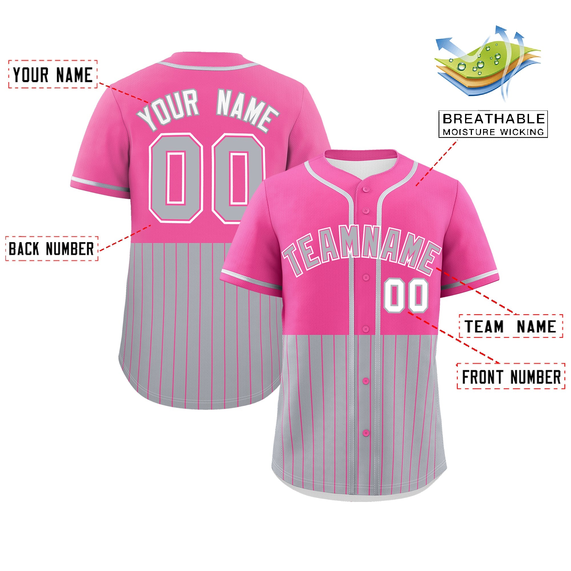 Custom Pink Gray Personalized Half Stripe Design Authentic Baseball Jersey