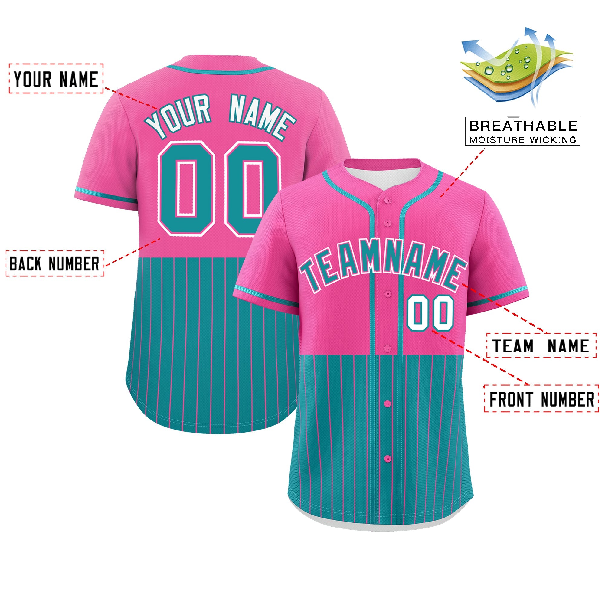 Custom Pink Aqua Personalized Half Stripe Design Authentic Baseball Jersey