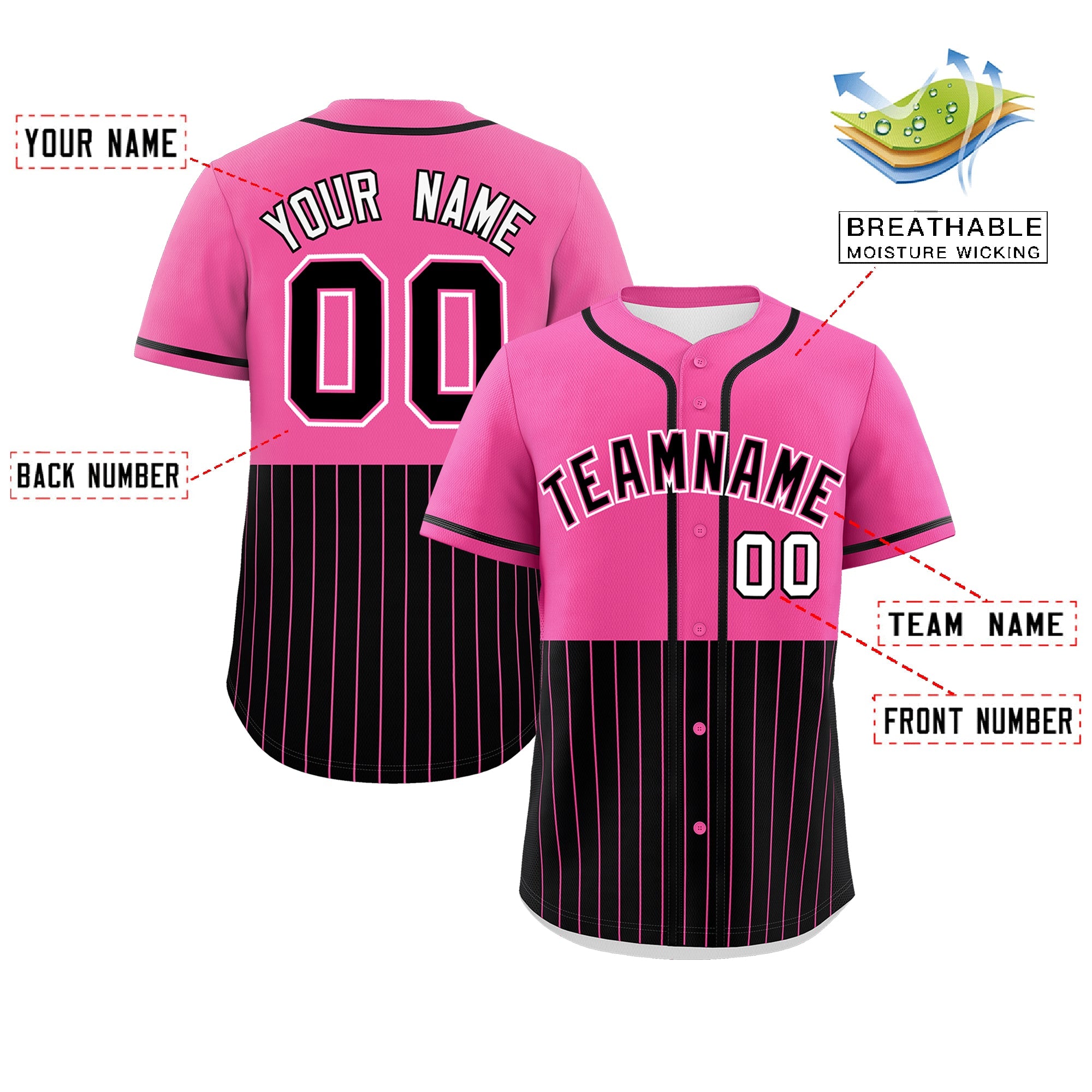 Custom Pink Black Personalized Half Stripe Design Authentic Baseball Jersey