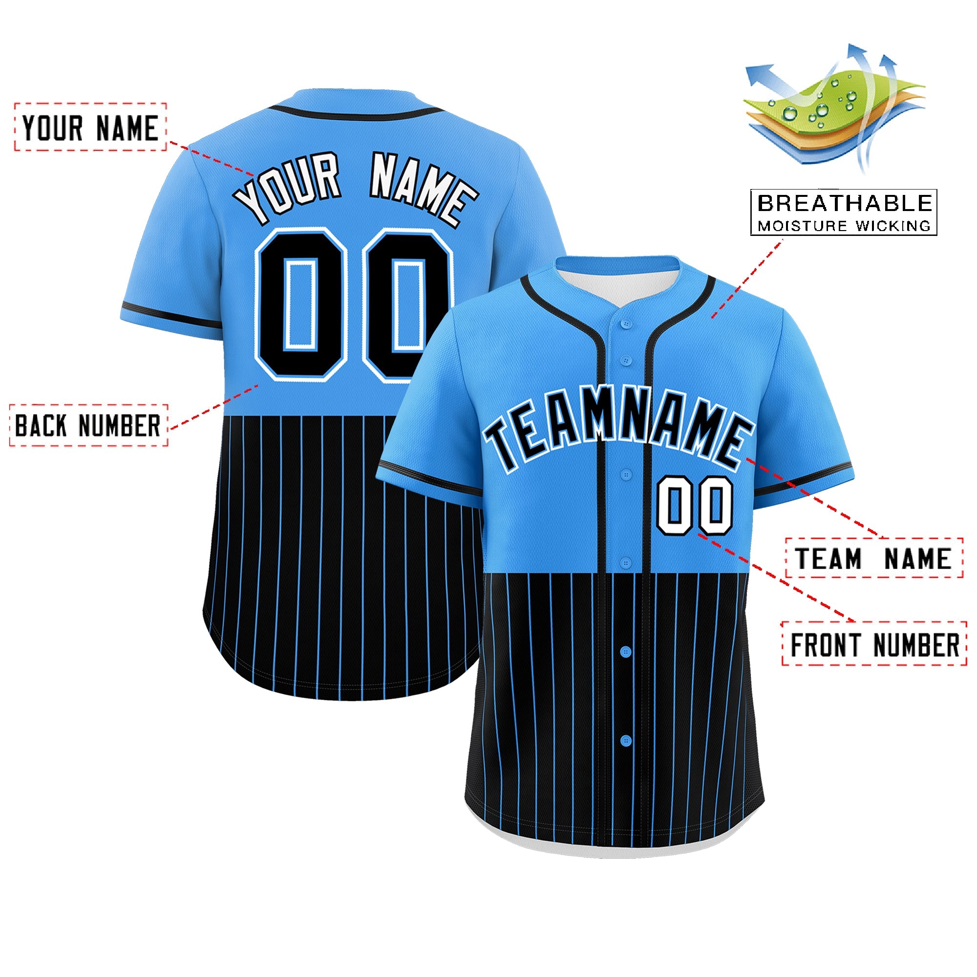 Custom Powder Blue Black Personalized Half Stripe Design Authentic Baseball Jersey