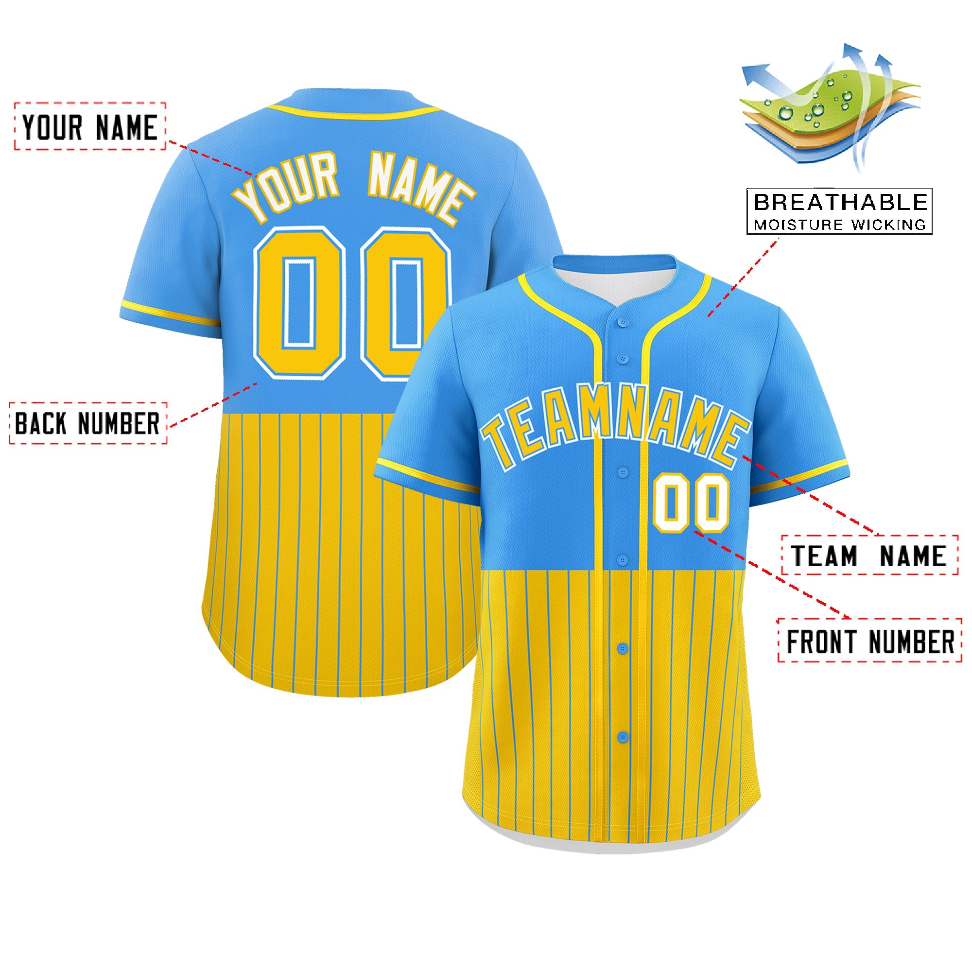 Custom Powder Blue Gold Personalized Half Stripe Design Authentic Baseball Jersey