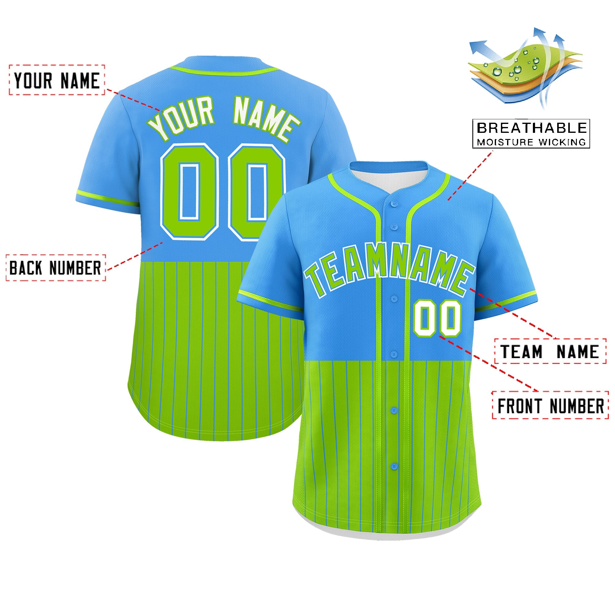 Custom Powder Blue Neon Green Personalized Half Stripe Design Authentic Baseball Jersey