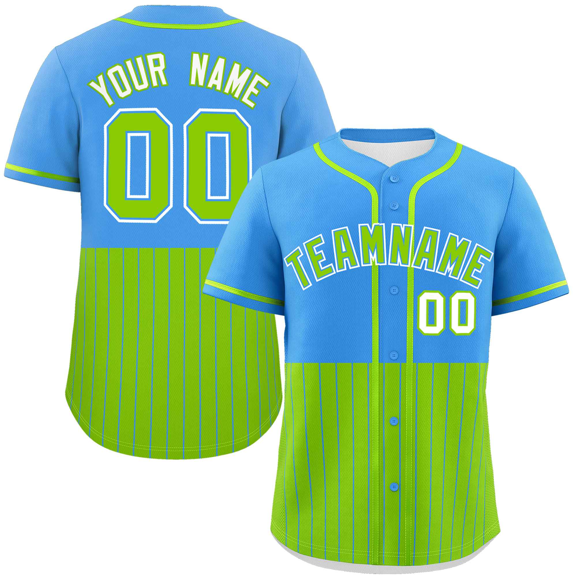 Custom Powder Blue Neon Green Personalized Half Stripe Design Authentic Baseball Jersey