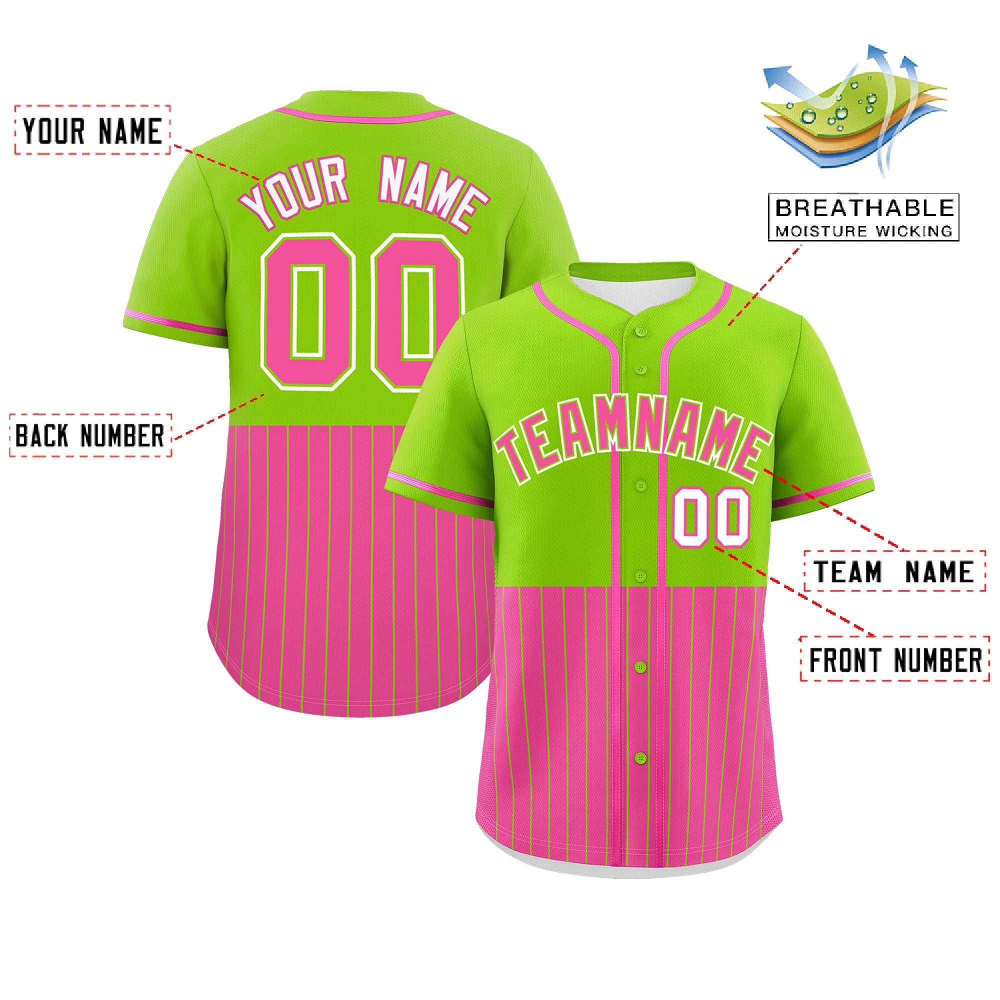 Custom Neon Green Pink Personalized Half Stripe Design Authentic Baseball Jersey