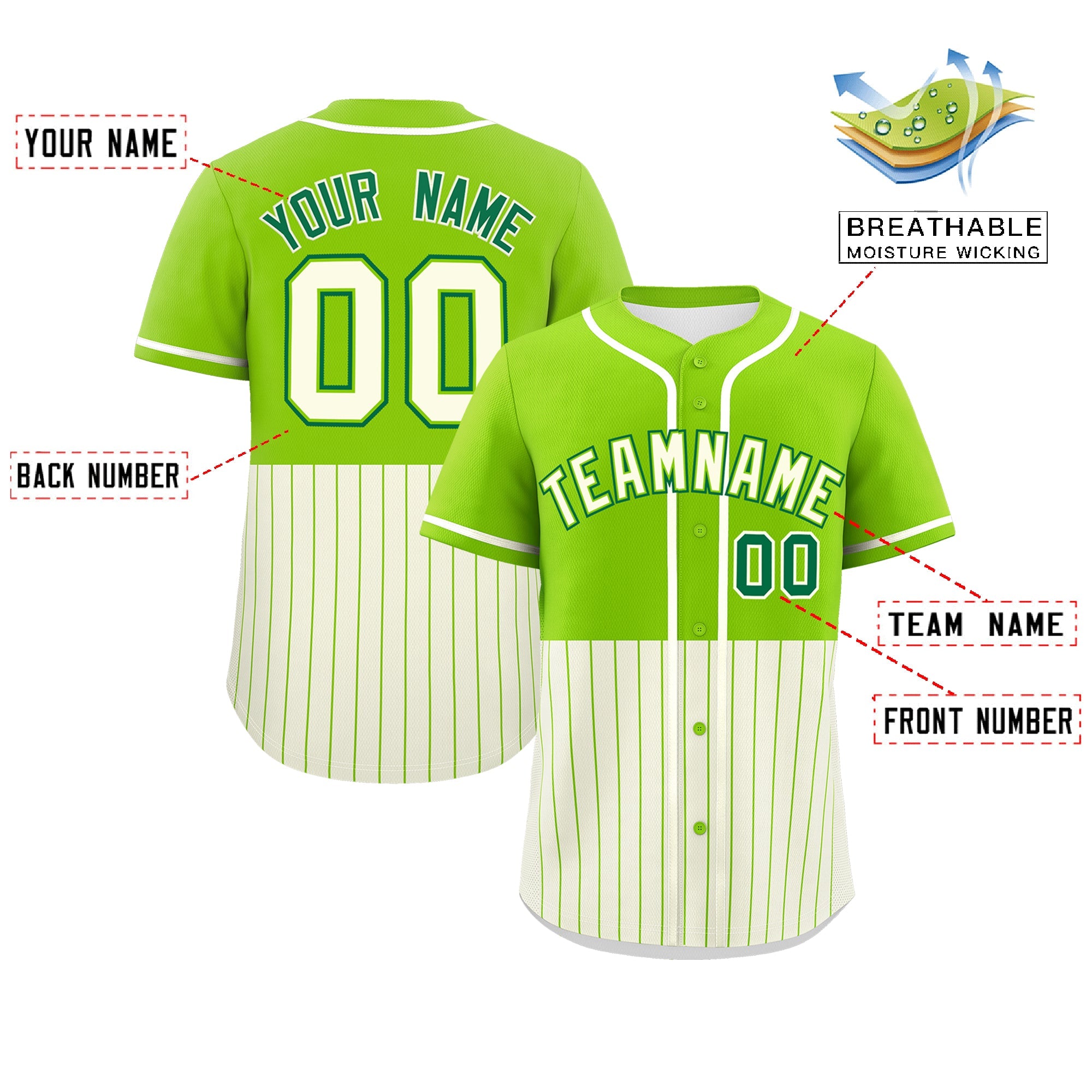 Custom Neon Green Cream Personalized Half Stripe Design Authentic Baseball Jersey