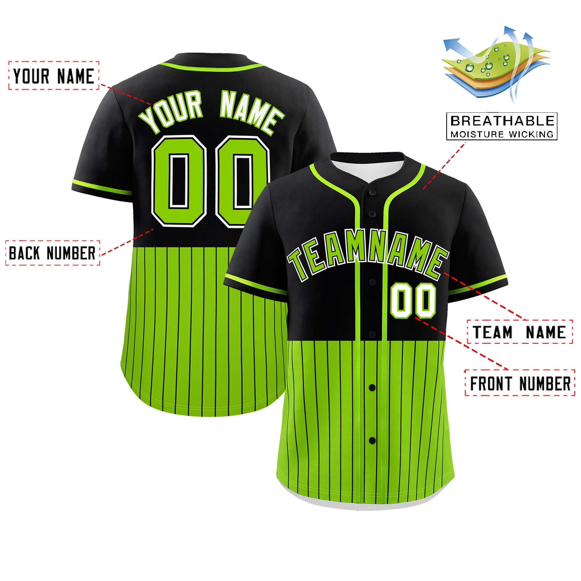 Custom Black Neon Green Personalized Half Stripe Design Authentic Baseball Jersey