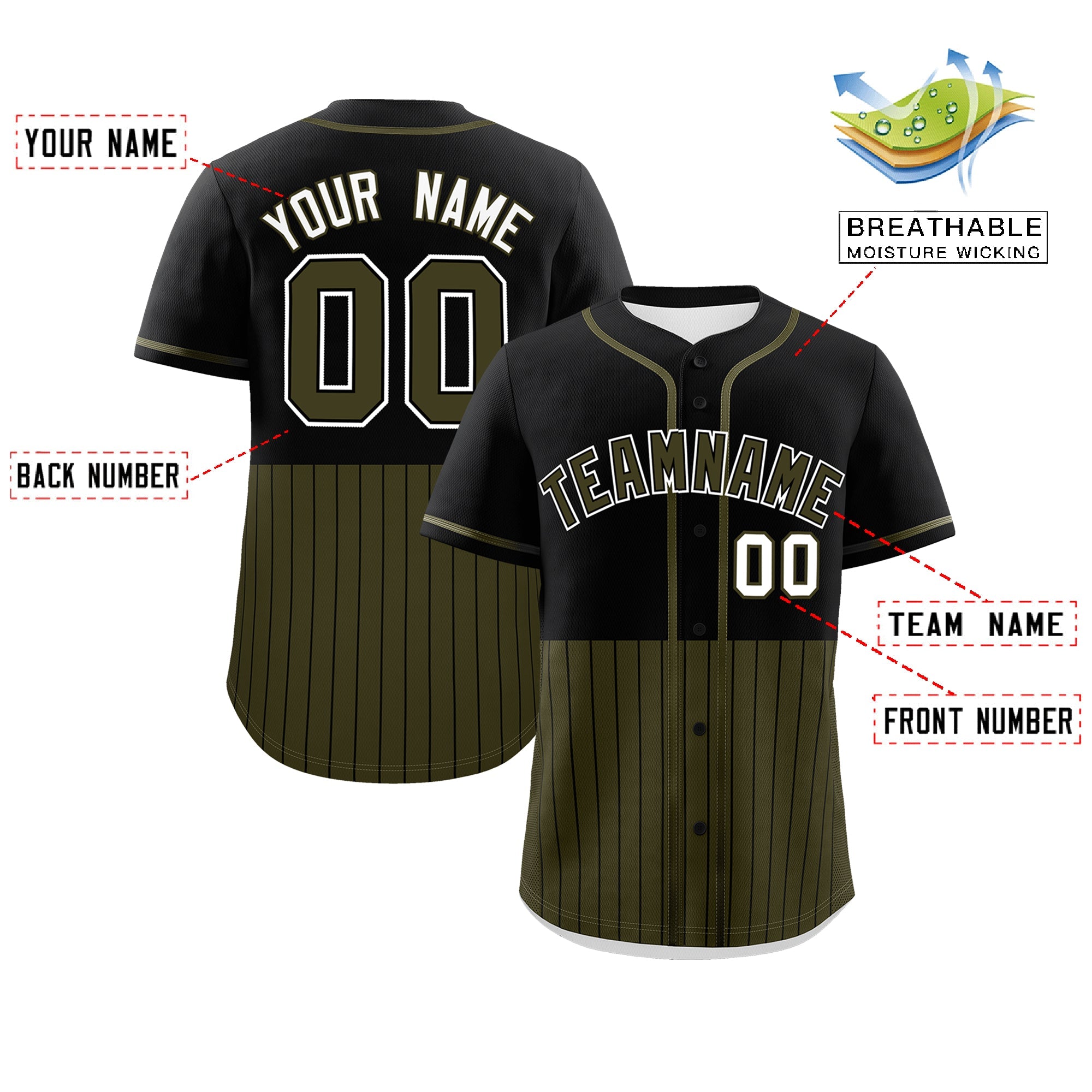 Custom Black Olive Personalized Half Stripe Design Authentic Baseball Jersey