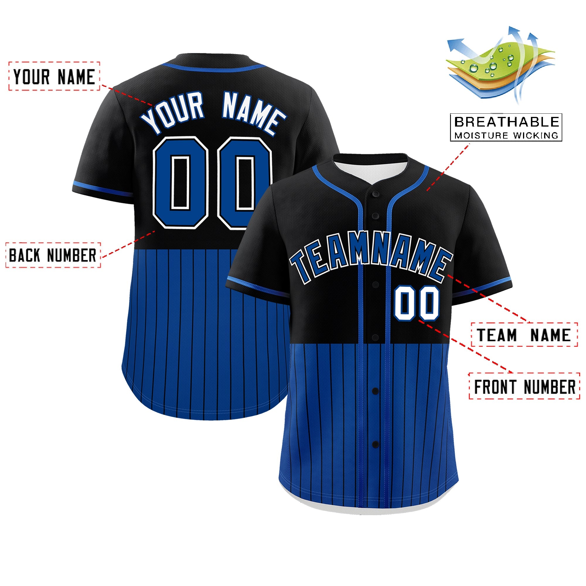 Custom Black Royal Personalized Half Stripe Design Authentic Baseball Jersey