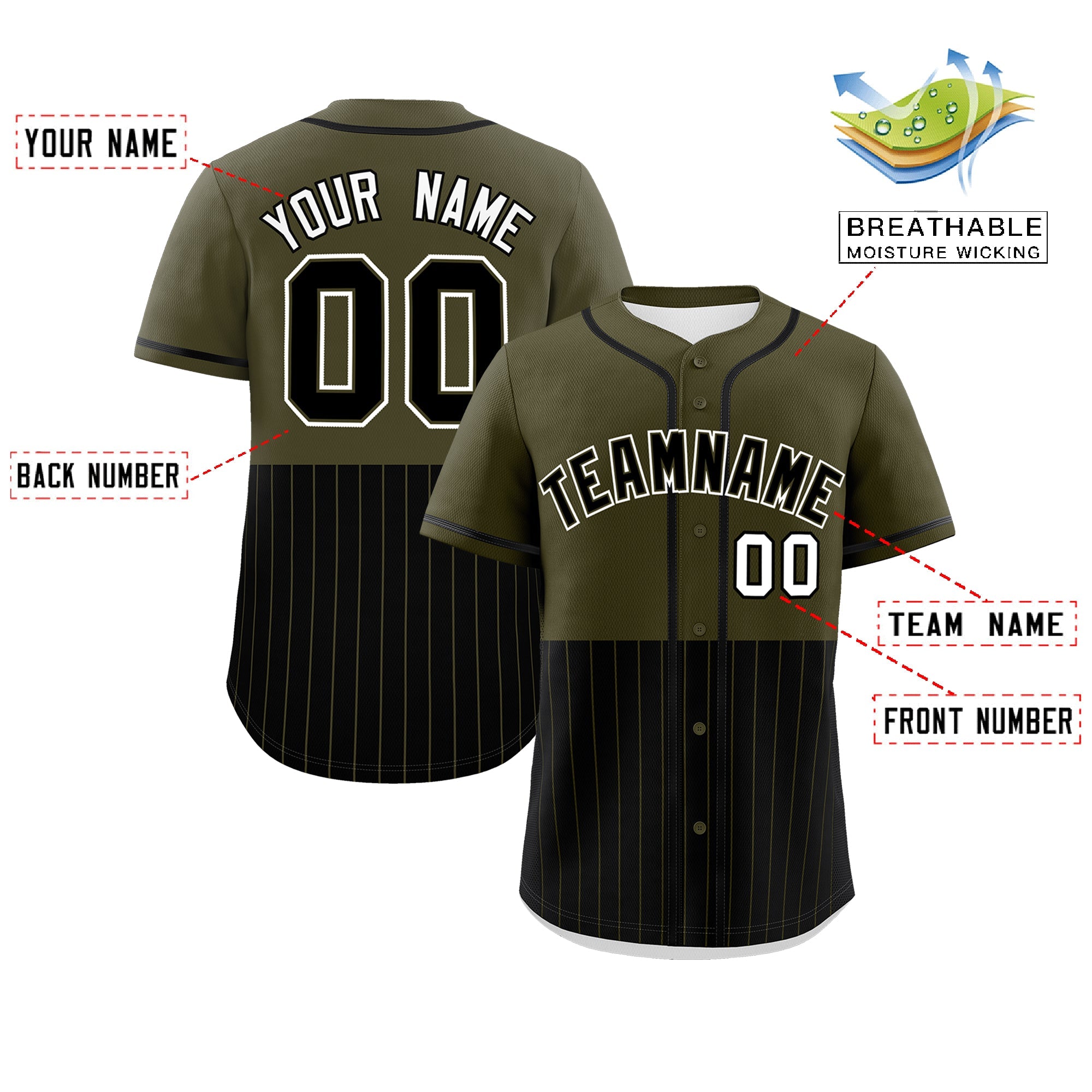 Custom Olive Black Personalized Half Stripe Design Authentic Baseball Jersey