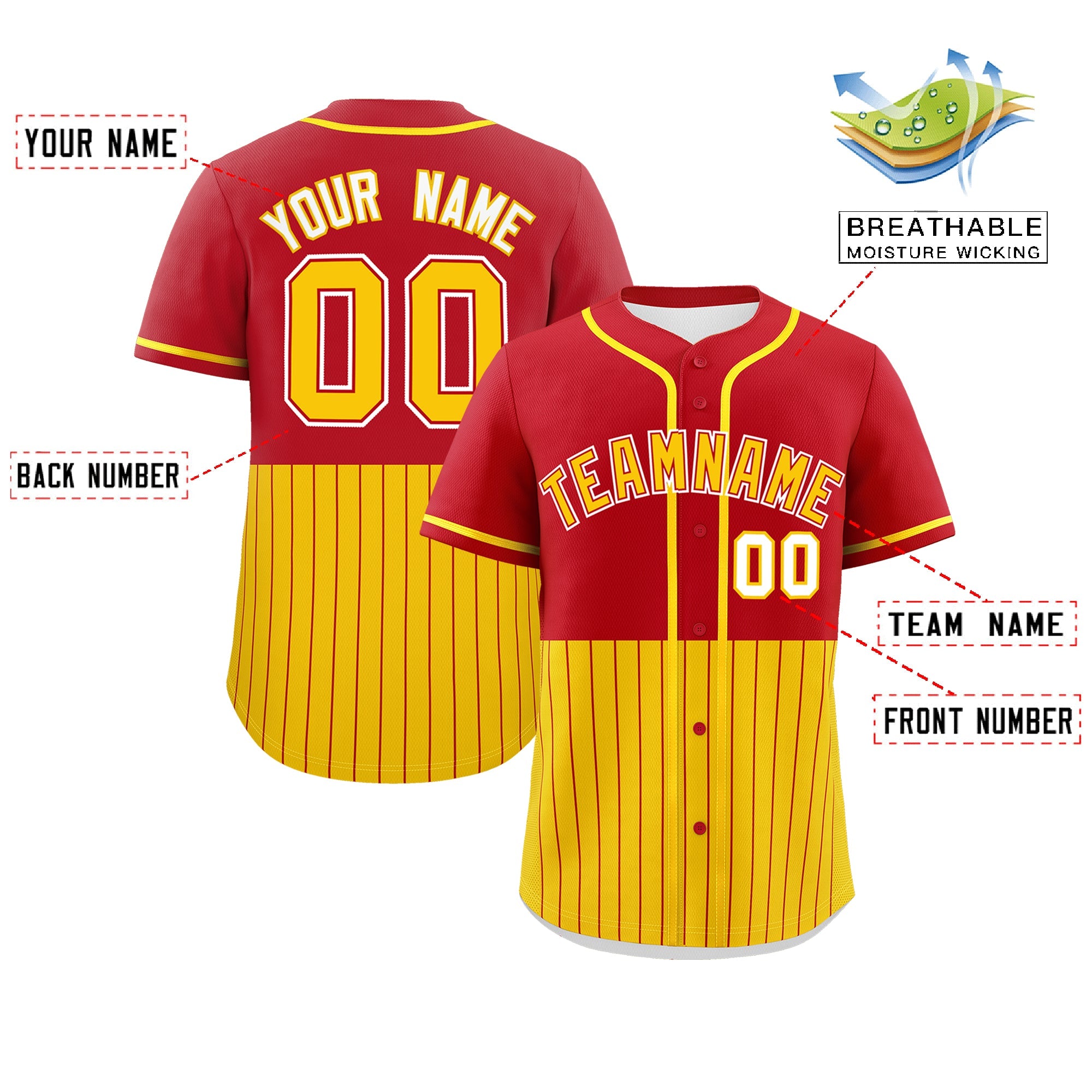 Custom Red Gold Personalized Half Stripe Design Authentic Baseball Jersey