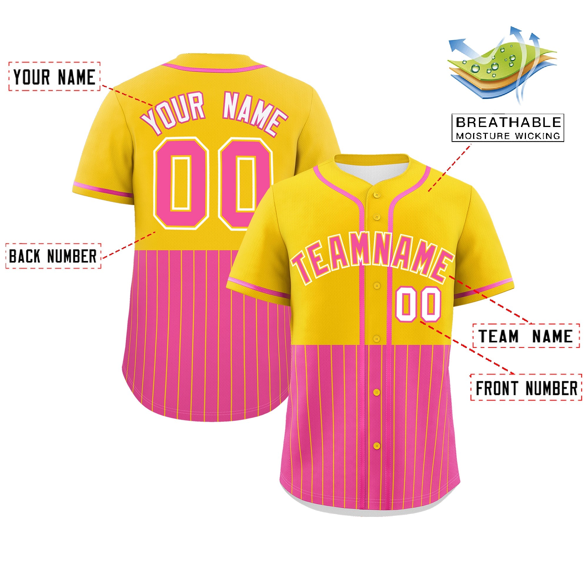 Custom Gold Pink Personalized Half Stripe Design Authentic Baseball Jersey