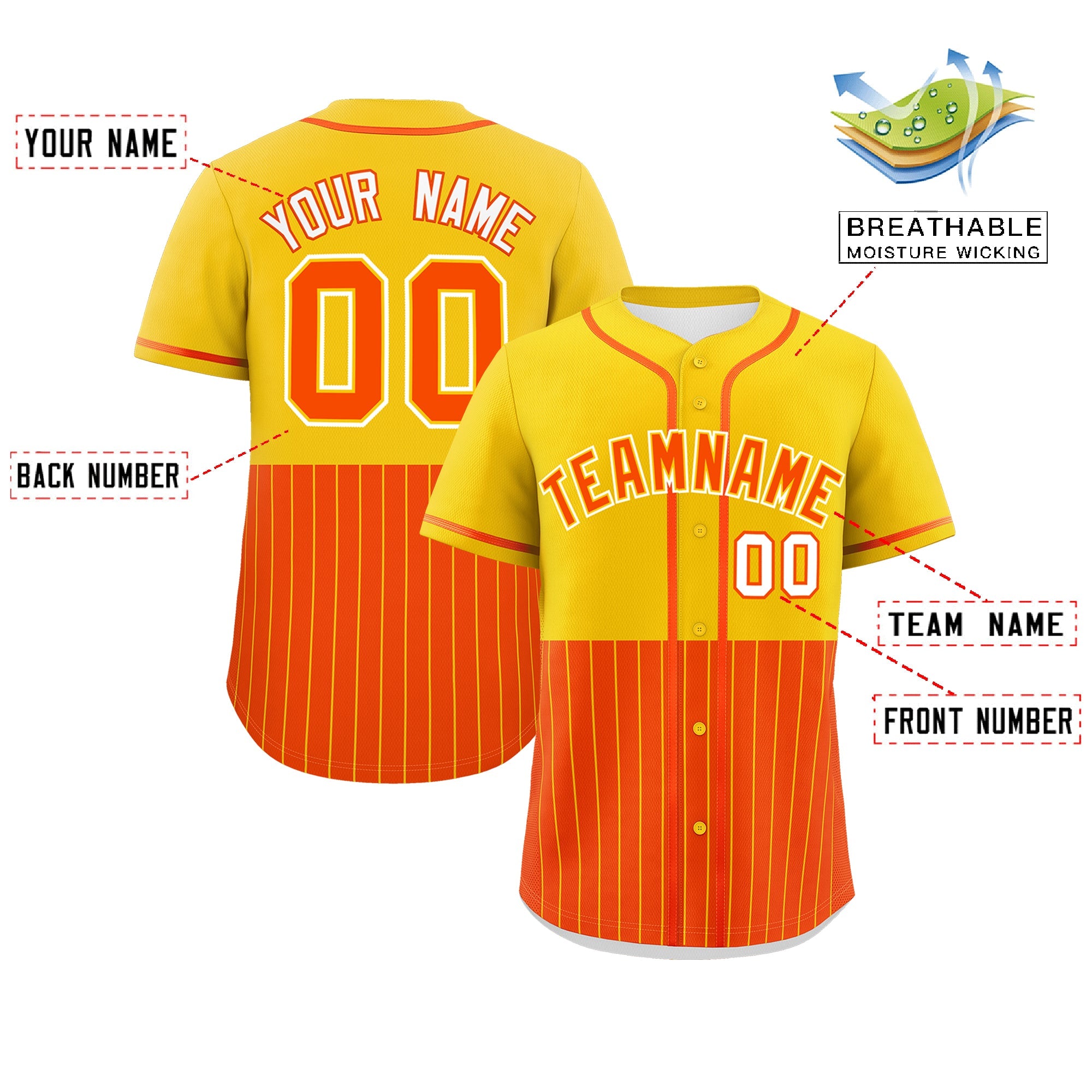 Custom Gold Orange Personalized Half Stripe Design Authentic Baseball Jersey