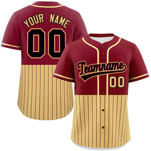 Custom Crimson Khaki Personalized Half Stripe Design Authentic Baseball Jersey