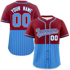 Custom Crimson Powder Blue Personalized Half Stripe Design Authentic Baseball Jersey