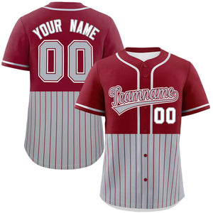 Custom Crimson Gray Personalized Half Stripe Design Authentic Baseball Jersey