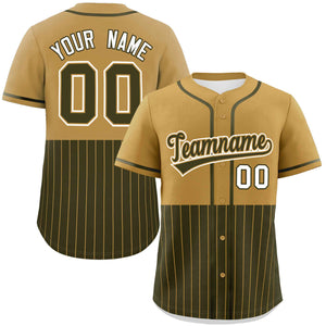 Custom Old Gold Olive Personalized Half Stripe Design Authentic Baseball Jersey