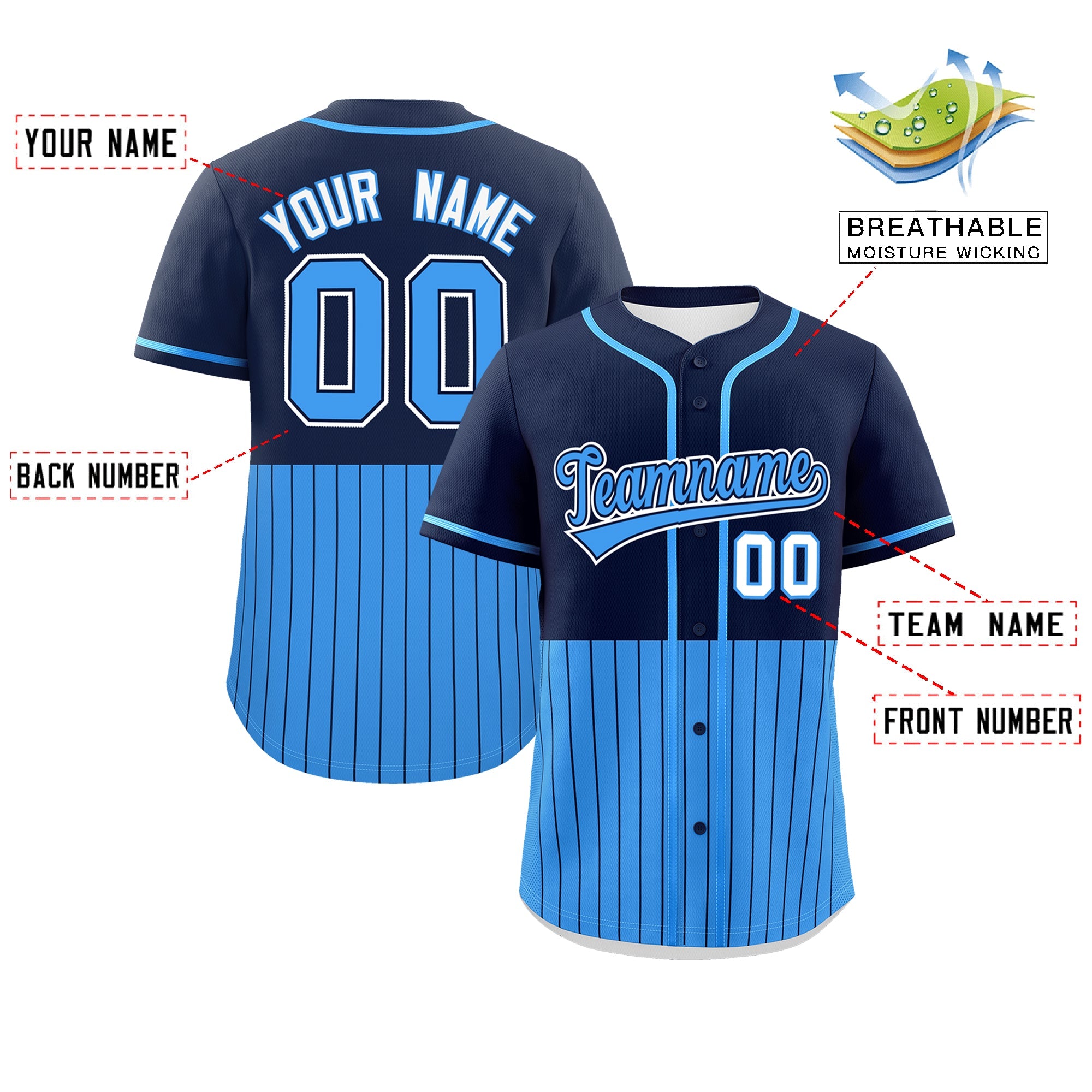 Custom Navy Powder Blue Personalized Half Stripe Design Authentic Baseball Jersey