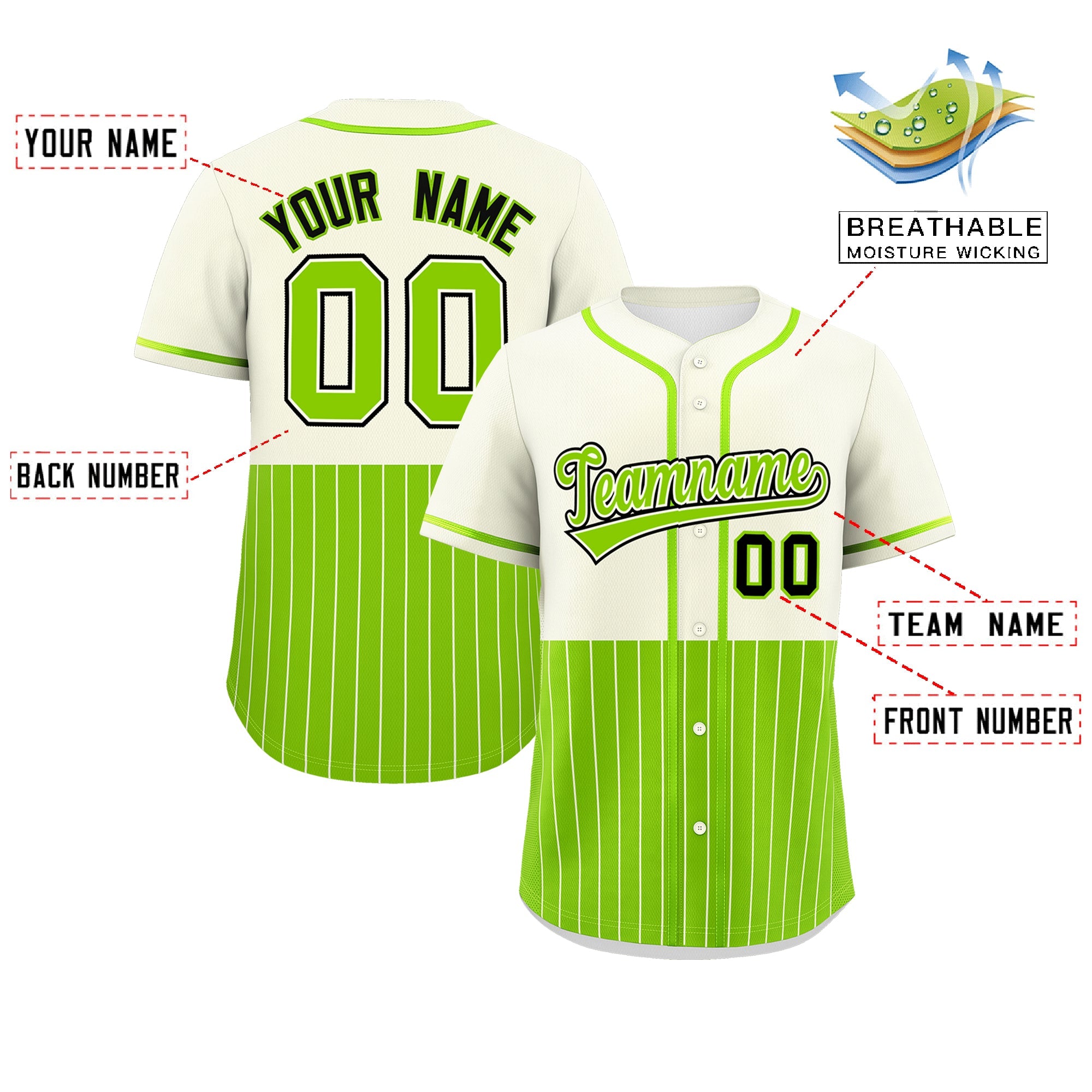 Custom Cream Neon Green Personalized Half Stripe Design Authentic Baseball Jersey