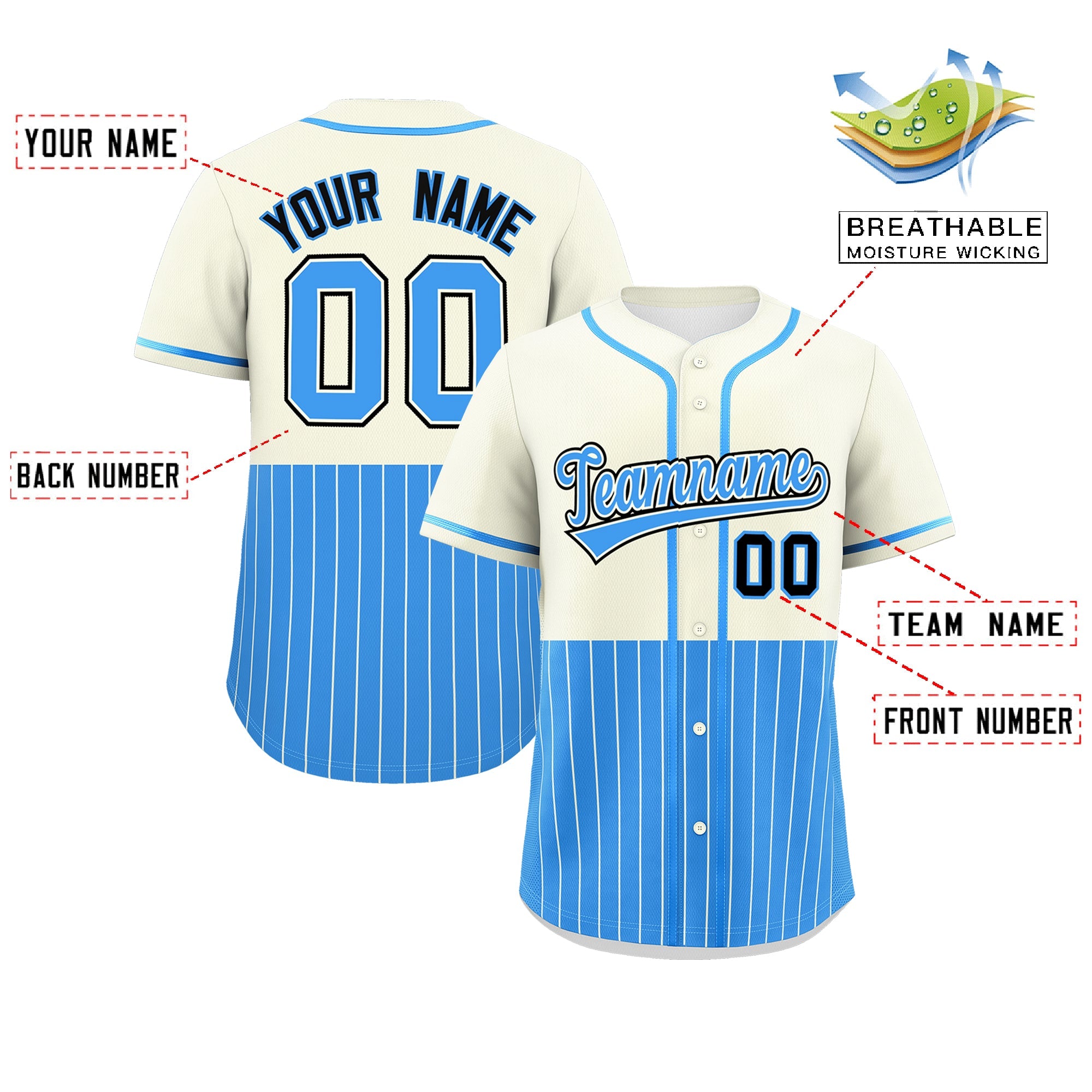 Custom Cream Powder Blue Personalized Half Stripe Design Authentic Baseball Jersey