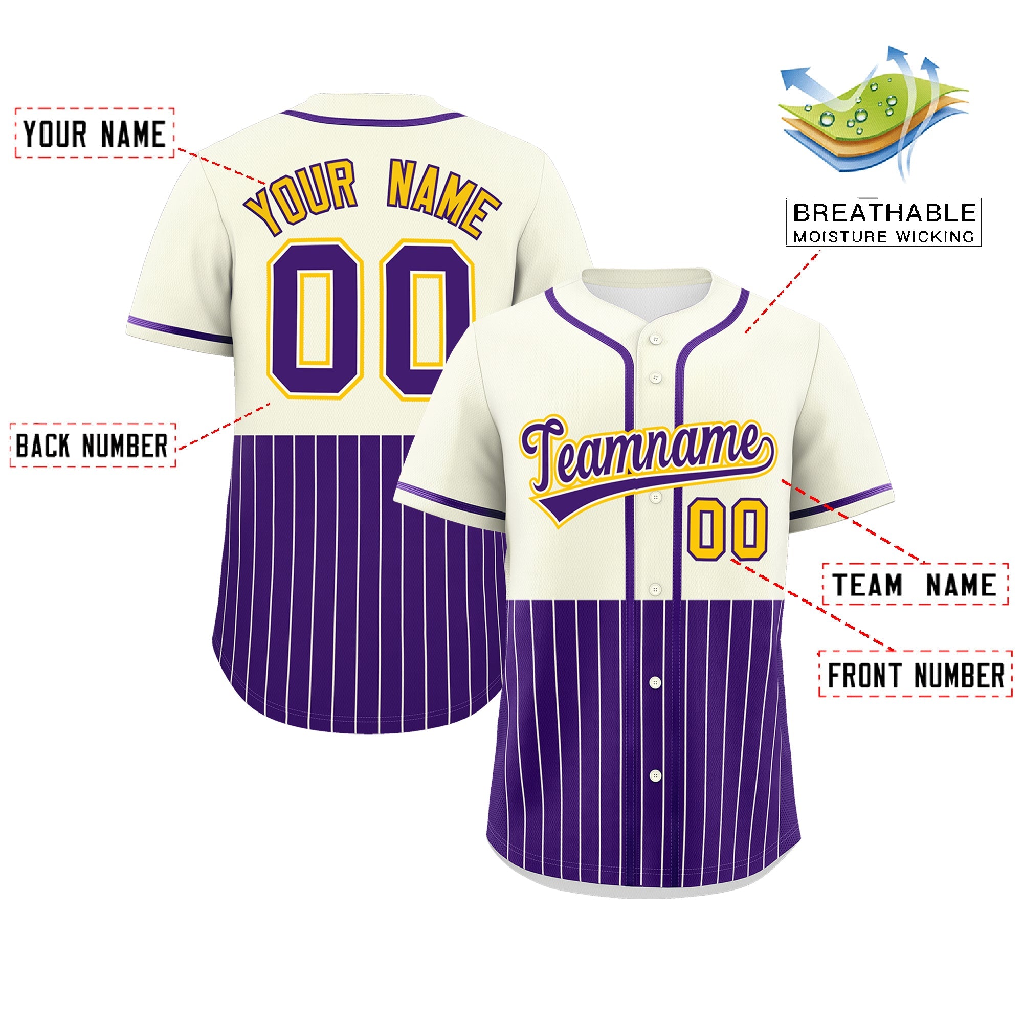 Custom Cream Purple Personalized Half Stripe Design Authentic Baseball Jersey