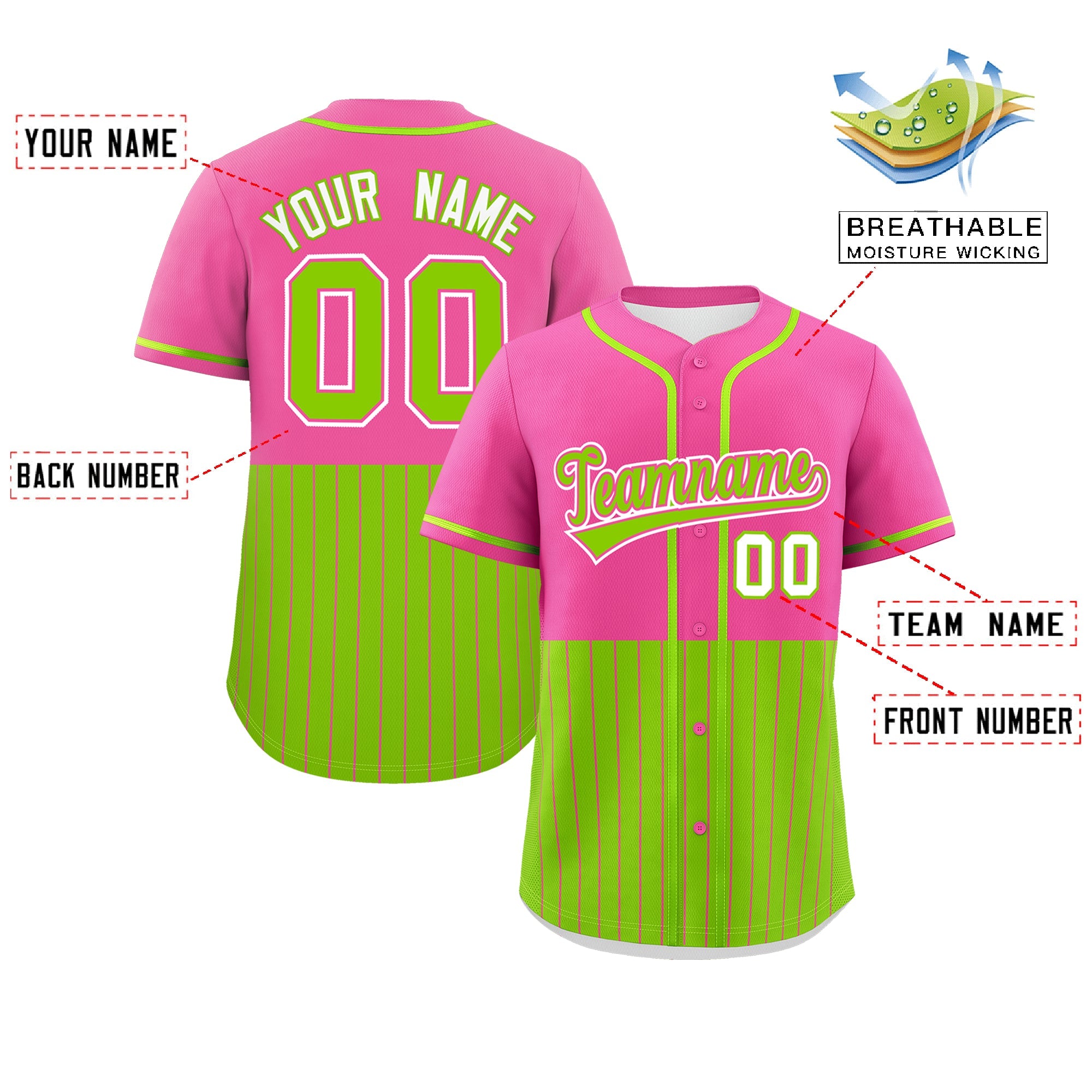 Custom Pink Neon Green Personalized Half Stripe Design Authentic Baseball Jersey