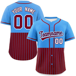 Custom Powder Blue Crimson Personalized Half Stripe Design Authentic Baseball Jersey