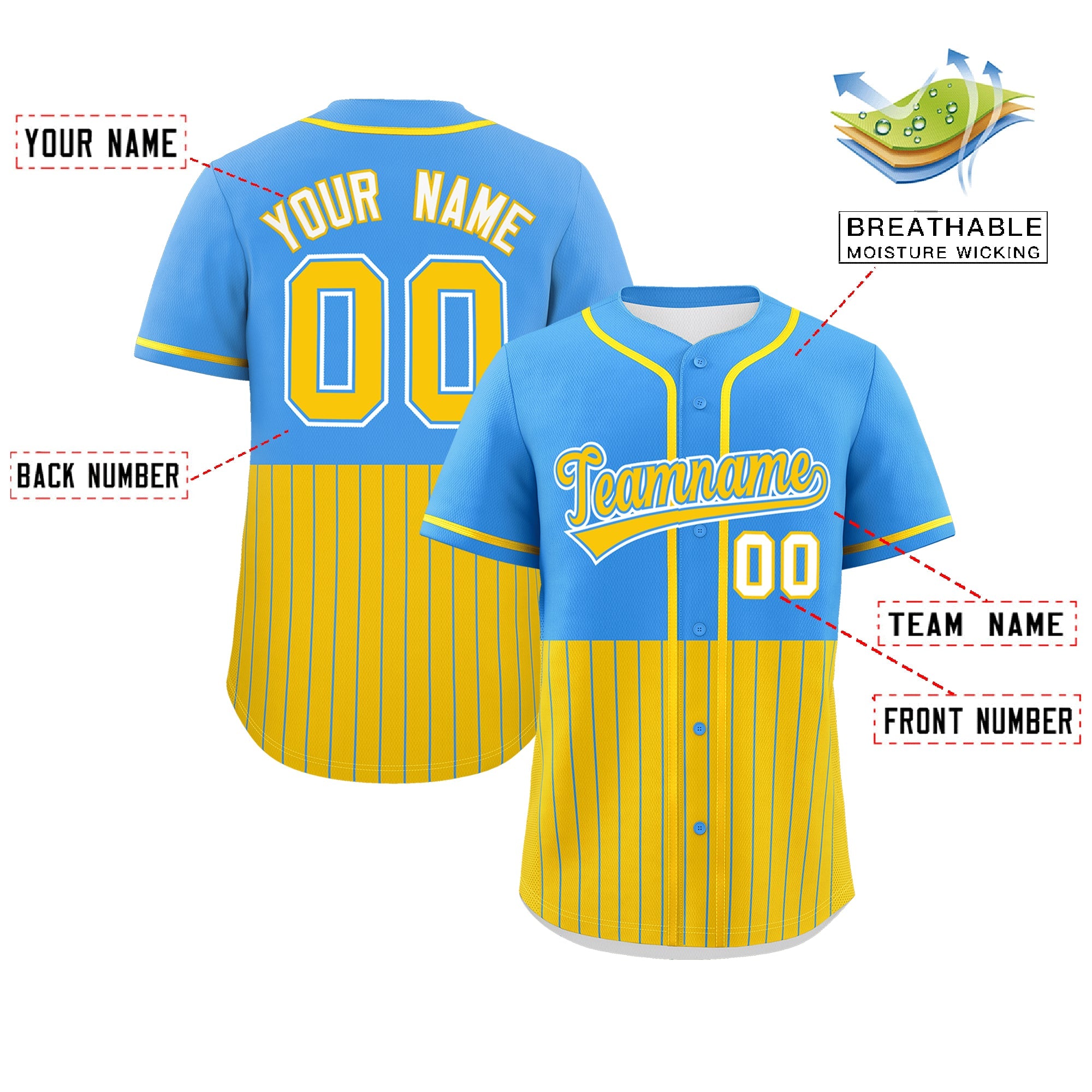 Custom Powder Blue Gold Personalized Half Stripe Design Authentic Baseball Jersey